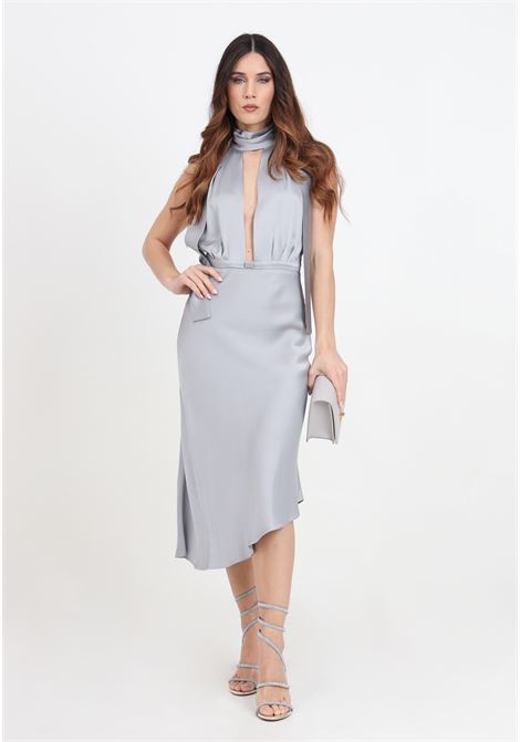 Women's satin midi dress with pearl gray asymmetric skirt ELISABETTA FRANCHI | AB58042E2400